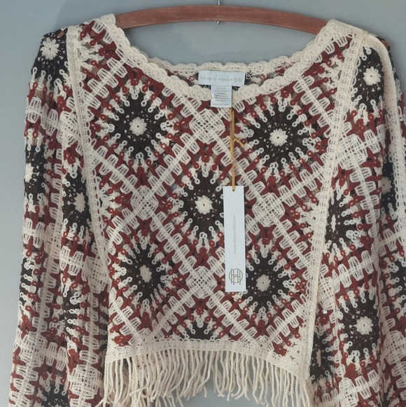 NWT House of Harlow fringe GRANNY Square poncho style Hippie shirt bouse top - Picture 2 of 7